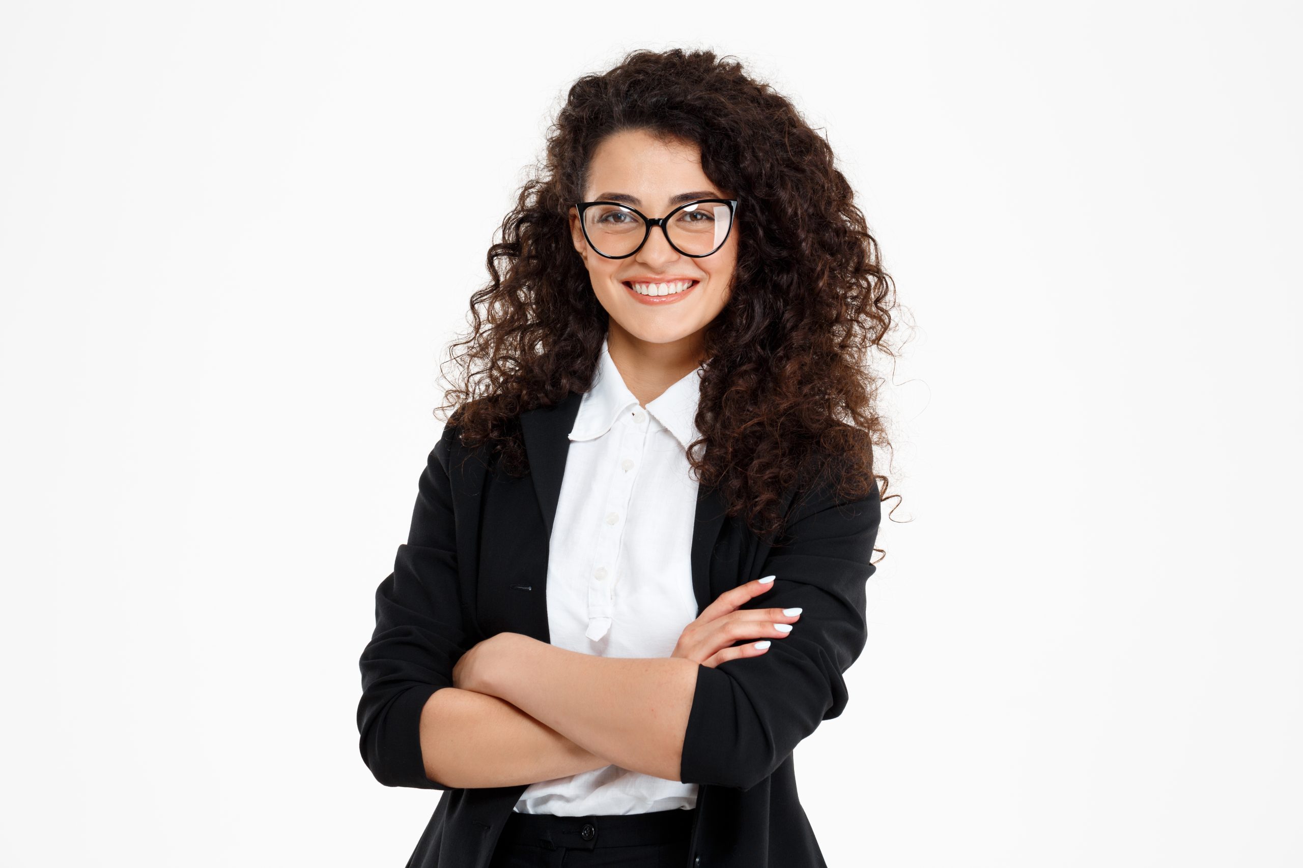 cheerful curly business girl wearing glasses scaled